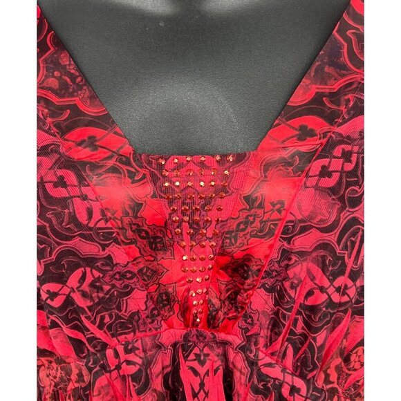One World Blouse Size Large L Red Black Tunic Top Beaded Neck Long Sleeve New - Picture 3 of 11